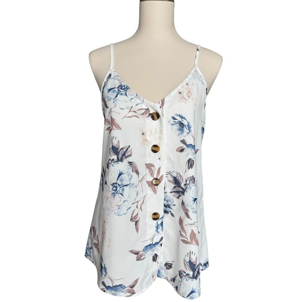 TECREW Floral Button Front Cami Tank Top White Blue Sleeveless Medium